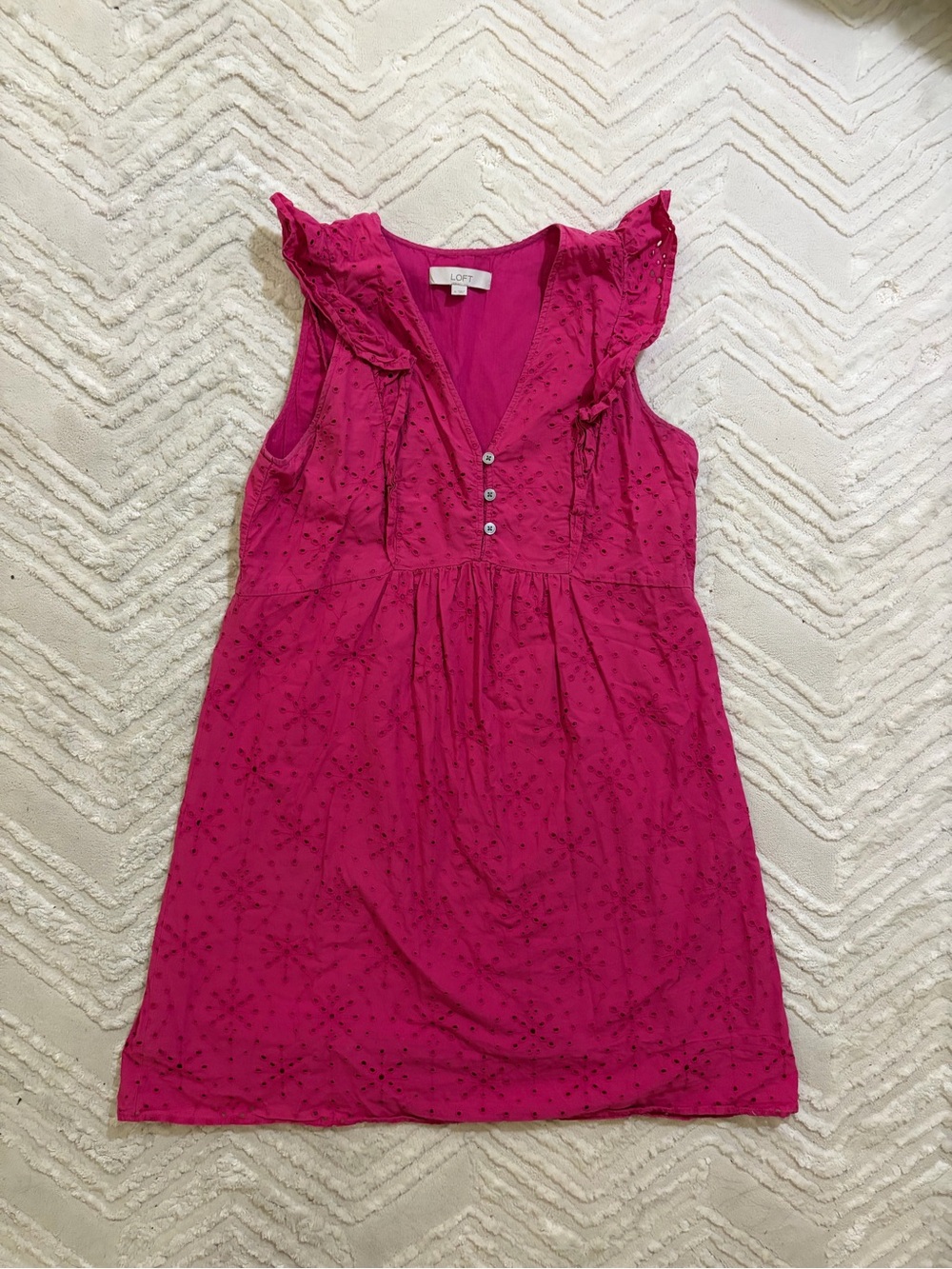LOFT Bright Pink Ruffle Sleeve Cotton Dress